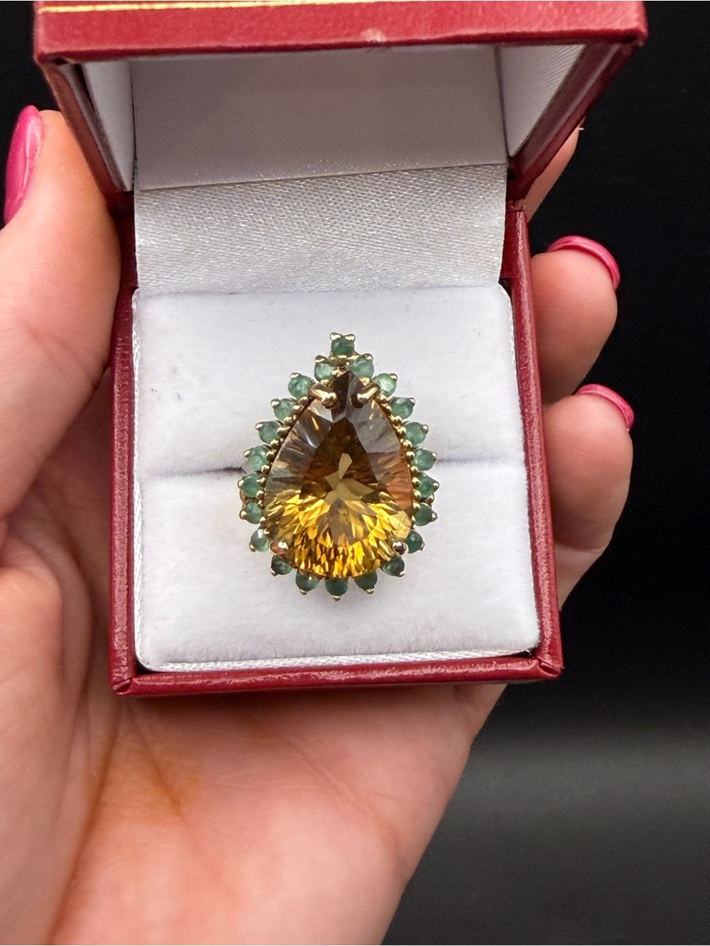 Huge aprx 19.2mm Pear Citrine Emerald Halo 925 Sterling Cocktail Ring Size 6.75